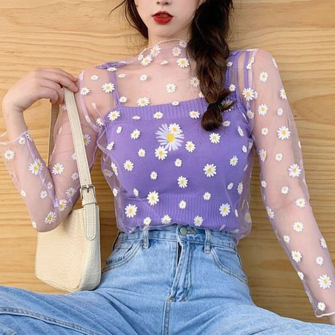 Top de malla de estilo coreano para mujer, camiseta con margaritas debajo de la camisa, camiseta estética Harajuku con flores de encaje, camiseta de manga larga de malla 2022 ► Foto 1/6