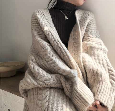 LMQ-suéter largo informal coreano para mujer, cárdigan suave y cómodo, liso, talla libre, manga larga, tejido ► Foto 1/6