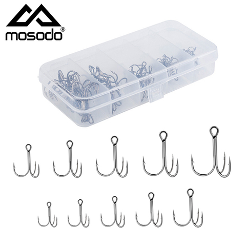 Mosodo-Conjunto de anzuelos de pesca 50 unids/caja, Triple conjunto de anzuelos de pesca de acero al carbono con púas, anzuelos triples para señuelos de mar, accesorios de pesca, herramientas de aparejos ► Foto 1/6