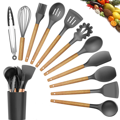 Juego de utensilios de madera con mango de silicona para la cocina, set de herramientas antiadherentes que incluye cuchara, cucharón para la sopa, espátula, colador de pasta y brocha, el mejor kit para cocinar ► Foto 1/6