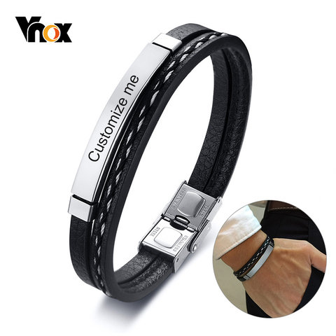 Vnox-pulsera de cuero multicapa para hombre y mujer, brazalete de acero inoxidable personalizable, personalizado, informal ► Foto 1/6