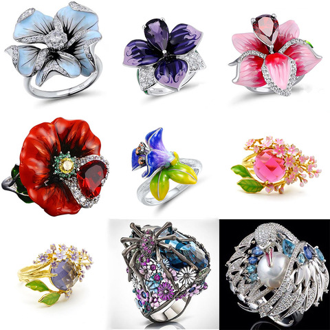 Anillos florales para bodas para mujer, joya de compromiso de circonia cúbica de cisne único, joyería Bohemia para fiesta ► Foto 1/6
