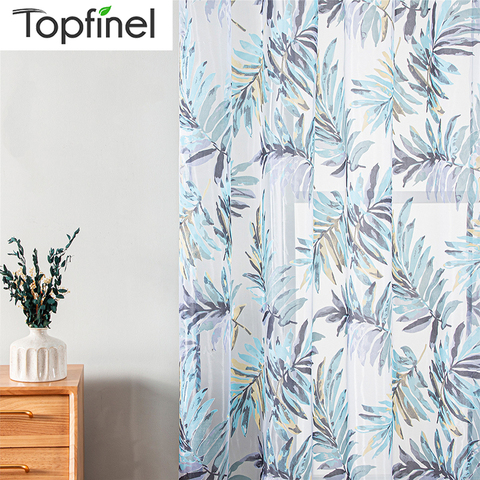 Topfinel Nuevas cortinas azules con dibujos de hojas tropicales para la sala de estar dormitorio Cortinas para la cocina Tulles para la ventana ► Foto 1/6