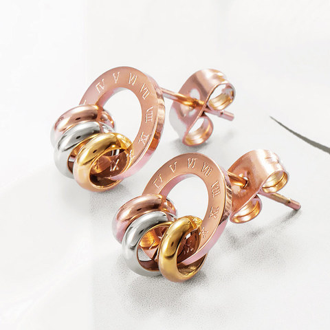 Marca de lujo, pendientes de tuerca de acero inoxidable con números romanos de Color oro rosa para mujeres y niñas, mejor regalo de joyería Bjioux ► Foto 1/6