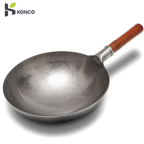 KONCO chino tradicional mano golpeado wok No revestimiento de hierro Wok con mango de madera-sartén antiadherente de cocina utensilios de cocina ► Foto 1/6