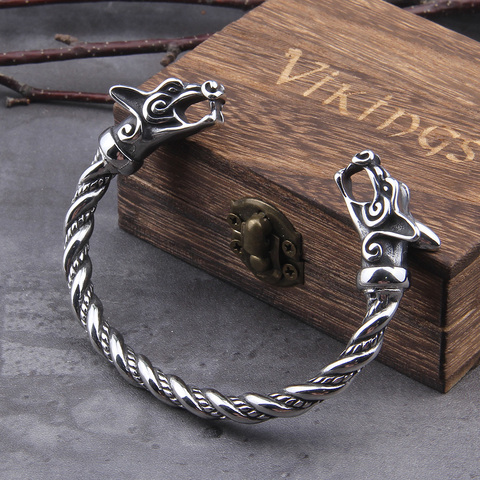Pulsera de acero inoxidable para hombre, brazalete ajustable con caja de madera de vikingo nórdico, Lobo, Vikingo ► Foto 1/6
