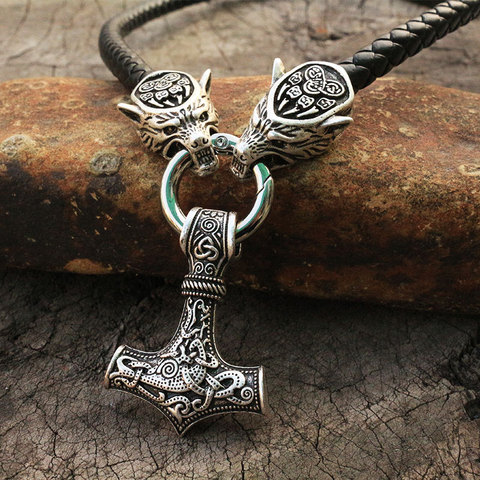 Collar con cabeza de Lobo vikingo para hombre, con martillo de thor, colgante nórdico mjolnir, Talismán, joyería étnica ► Foto 1/6