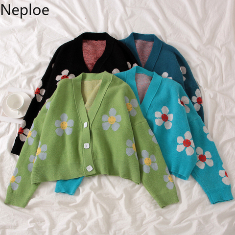 Neploe Preppy estilo de punto con flores Cardigans suéter mujeres cuello pico suelto elegaht thicky Pull Femme imprimir corto Casual Coat 46565 ► Foto 1/6