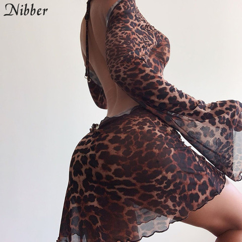 Caucho noche de fiesta leopardo Sexy sin respaldo ver-a través de Clubwear mujer elegante mangas acampanadas de encaje Bodycon Mini calle vestidos ► Foto 1/5