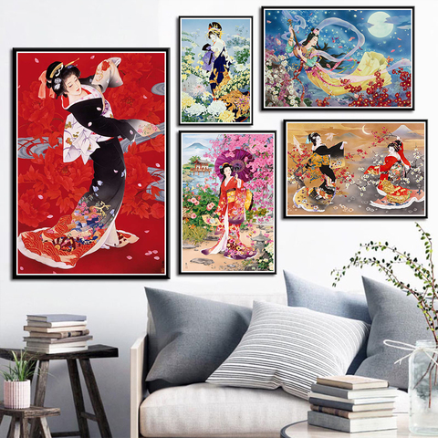 Pósteres de mujer de Geisha japonesa, pintura artística en lienzo, imágenes de pared para sala de estar, decoración del hogar ► Foto 1/6