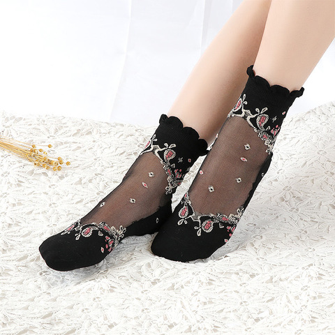 Calcetines de malla elástica con volantes para mujer, calcetín Sexy, suave y cómoda seda transparente, tejido con volantes, tobilleros transparentes, 2 uds. 2205F ► Foto 1/2