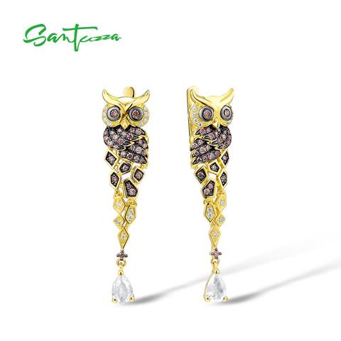 SANTUZZA-pendientes de plata de ley 925 para mujer, de Color dorado y plateado, Chocolate brillante, CZ, aretes creativos de búho, joyería fina ► Foto 1/6