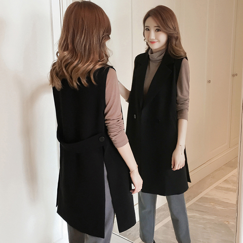 Nueva moda coreana División largo Chaleco de las mujeres primavera elegante negro sin mangas chaqueta mujer sólida chaqueta chaleco chalecos de Colete ► Foto 1/6