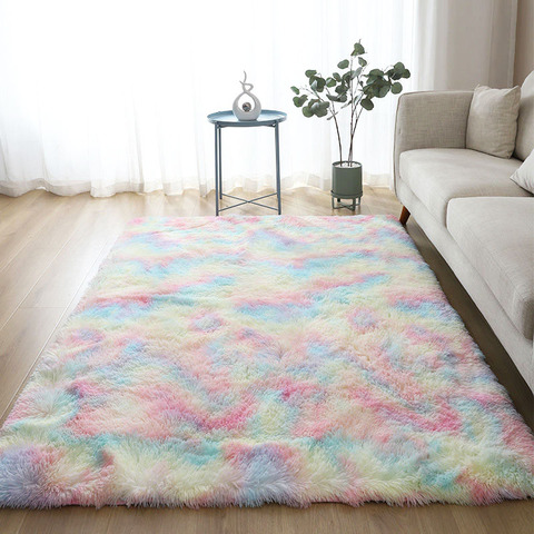 Nuevas alfombras coloridas, peludas, para la habitación de los niños, alfombras de mesita de noche para la sala de estar, felpudos de felpa de Color arcoiris suave y esponjoso para decoración del hogar y dormitorio ► Foto 1/6