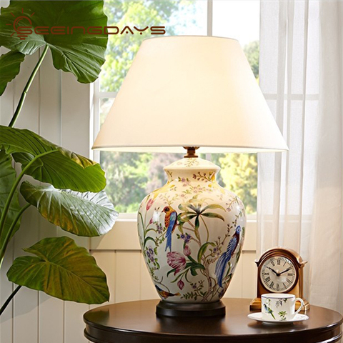 Lámpara de mesa de cerámica con diseño de flor de Coral y pájaro, lámpara de mesa de cerámica pintada a mano con esmalte de grietas para sala de estar y Mesa ► Foto 1/6