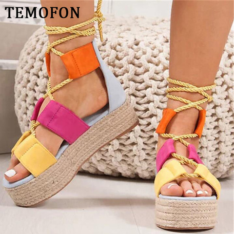 TEMOFON-Sandalias para mujer con plataforma cuña cuerdas estilo gladiador, zapatos de verano, calzado de playa, femenino, tacón alto, talla grande ► Foto 1/6