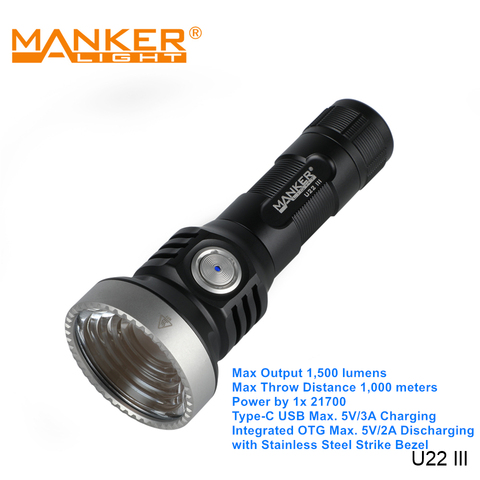 Manker-linterna LED U22III 21700 para exteriores, luz de descarga de carga USB tipo C con autodefensa SS Strike bisel ► Foto 1/6
