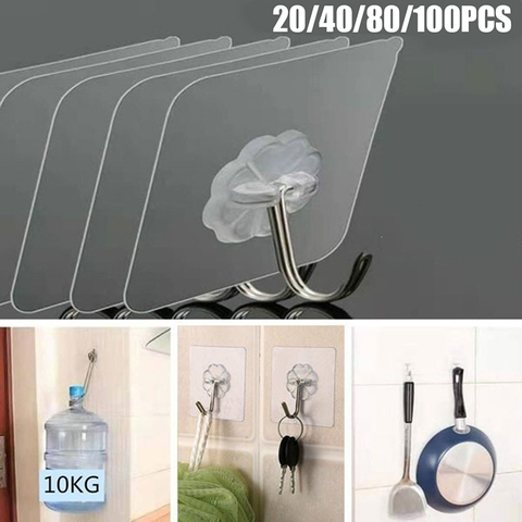 20 piezas/40 ganchos transparentes sin costura ganchos de pared metálicos para el hogar ganchos autoadhesivos pesados ► Foto 1/6