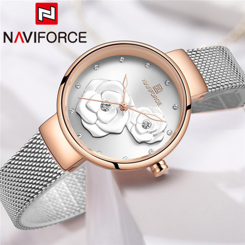 NAVIFORCE-Reloj de pulsera para mujer, de lujo, plata, oro rosa, pulsera de malla de acero inoxidable, reloj femenino con flores, 5013 ► Foto 1/6