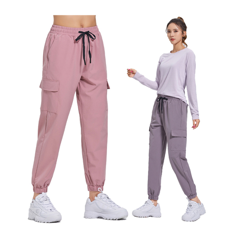 Pantalones de las mujeres de los deportes de primavera y otoño Running Yoga pantalones con bolsillo pantalones de Fitness sólido alto cintura pantalones de carga ► Foto 1/6