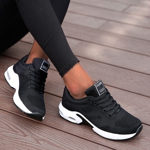 Zapatillas de correr para mujer, zapatos informales transpirables para exteriores, ligeras, con plataforma para caminar, color negro ► Foto 1/6
