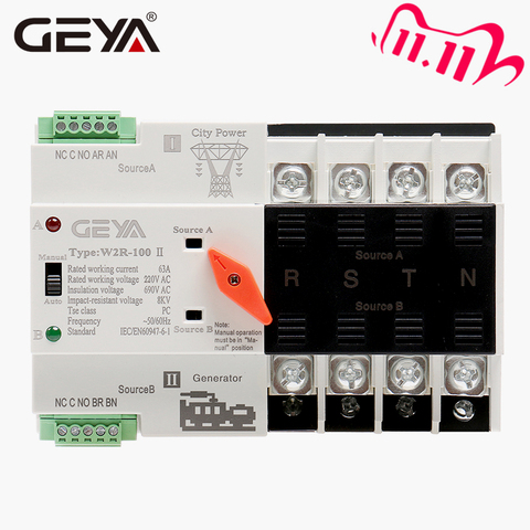 GEYA-controlador de Interruptor de Transferencia Automática W2R Mini ATS 4P, tipo eléctrico, ATS Max 100A, 4 polos, INTERRUPTOR ELÉCTRICO de Riel Din ► Foto 1/6