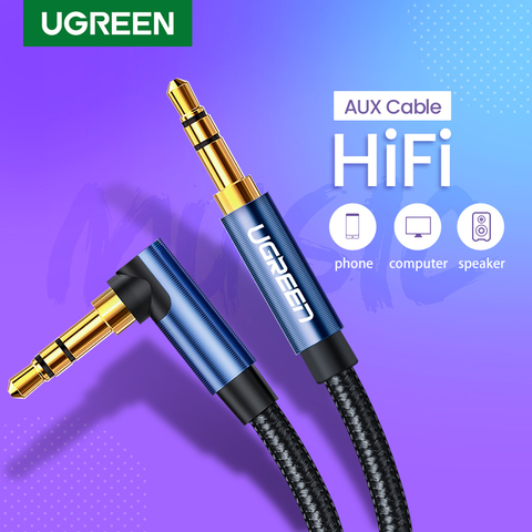 UGREEN-Cable auxiliar de audio estéreo de alta definición, macho a maho, ángulo derecho de 90º, 3.5mm, altavoz, cable de audio auxiliar universal trenzado ► Foto 1/6