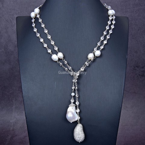 GG Jewelry-collar largo de cadena chapado en oro blanco, Perla blanca Keshi de 49