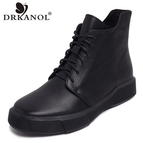 DRKANOL-Botas clásicas de cuero genuino para mujer, zapatos informales cálidos y antideslizantes de goma de fondo suave para invierno, Botines planos negro, novedad de 2022 ► Foto 1/6