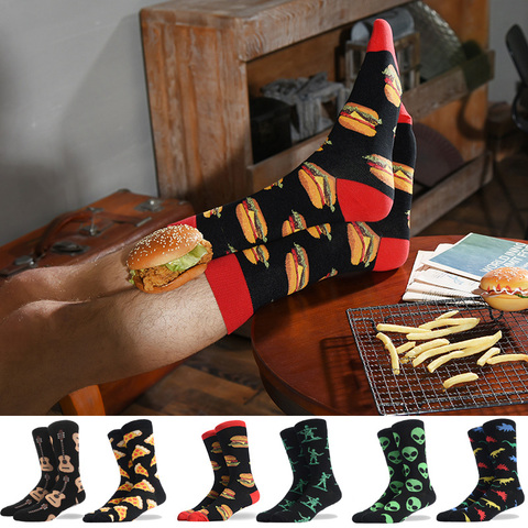 Calcetines de algodón para hombre, calcetín divertido, talla grande, Alien, comida deliciosa, aperitivos coloridos, hamburguesa, Pizza, Harajuku ► Foto 1/6