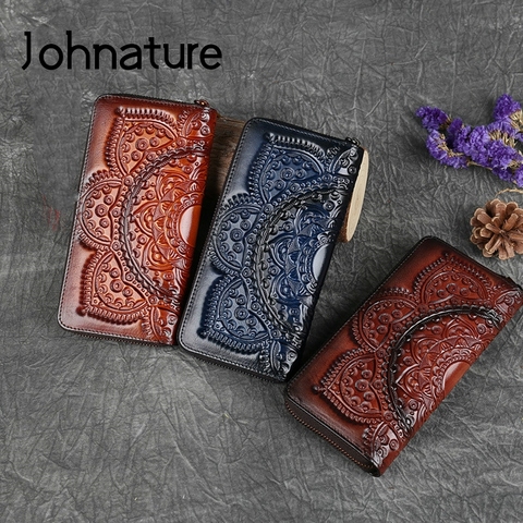 Johnature Retro de las mujeres cartera mano bolsa 2022 nueva naturaleza de cuero de vaca hechos a mano Floral en relieve del teléfono monedero titular de la tarjeta ► Foto 1/6