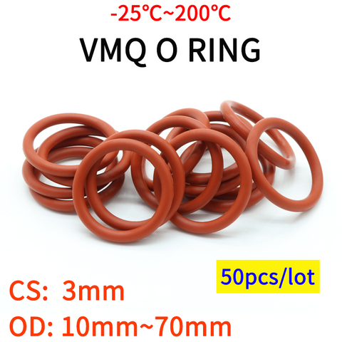 Junta de sellado de anillo redondo VMQ, espesor CS 3mm OD 10 ~ 70mm, goma de silicona aislada, lavadora a prueba de agua, forma redonda, no Toxi, rojo, 50 Uds. ► Foto 1/3