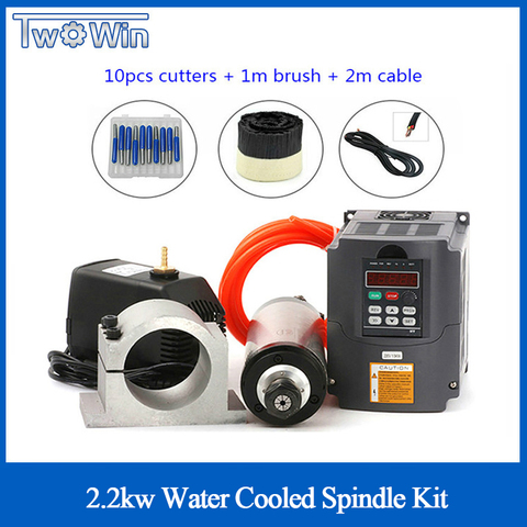 Kit de husillo refrigerado por agua, Motor de husillo de fresado CNC de 2,2 kW + 2,2 kW VFD + abrazadera de 80mm + tubería de bomba de agua + 13 Uds ER20 para enrutador CNC ► Foto 1/6