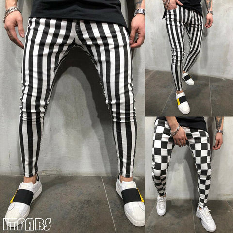 Pantalones ajustados a cuadros a rayas para hombre, medias cómodas de Fitness, elásticos, informales, para trotar, S-2XL de lápiz ► Foto 1/6