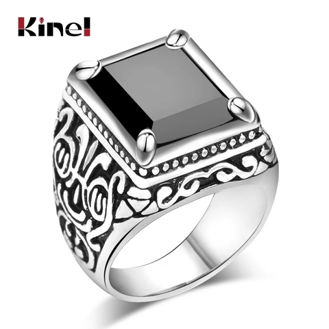 ¡Oferta! Anillos de boda Kinel de color negro y plata tibetana para hombre, anillo de boda con piedra negra, talla grande 11, joyería Vintage al por mayor ► Foto 1/6