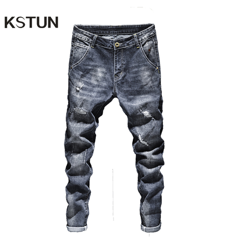 Pantalones vaqueros de estilo motociclista para hombre, pantalón vaquero azul oscuro, entallado, desgastado, informal, Retro, estilo hip hop ► Foto 1/1