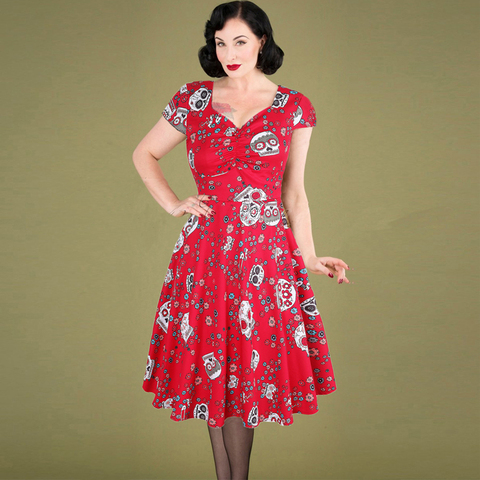 Vestido de patinadora de verano OTEN elegante Vintage rojo azúcar calaveras flor estampado 50s rockabilly fiesta de noche de talla grande vestidos de Halloween ► Foto 1/6