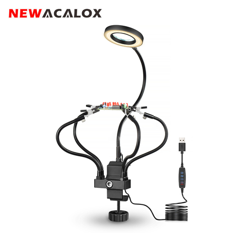 NEWACALOX-tornillo de banco para mesa, lupa 3X, LED, USB, soporte de pistola para soldar, estación, 5 uds, brazos flexibles, herramienta de tercera mano ► Foto 1/6