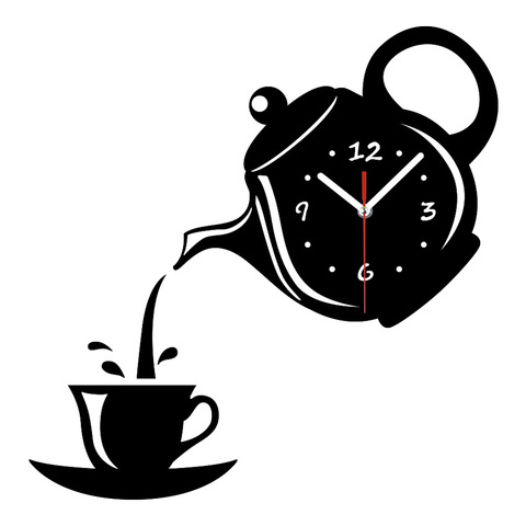 Reloj de pared con diseño de taza de café y tetera, creativo, 3D, adhesivo de espejo acrílico para cocina, decorativo, para sala de estar y decoración del hogar ► Foto 1/6