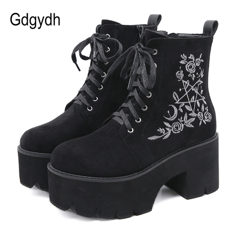 Gdgydh-Botas de plataforma de flores para mujer, zapatos góticos gruesos de piel de ante Punk, con cremallera trasera y cordones, para club nocturno ► Foto 1/6