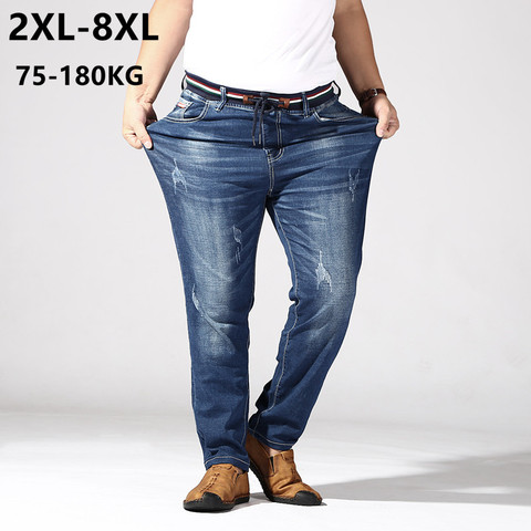 Pantalones vaqueros de talla grande para hombre, ropa de 180KG, elástica, recta, suelta, azul, Vaqueros rasgados, 6XL, 7XL, 8XL ► Foto 1/6