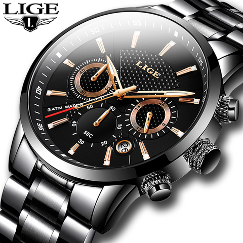 LIGE-Reloj de pulsera para hombre, accesorio de cuarzo resistente al agua con cronógrafo, complemento masculino deportivo de marca de lujo con diseño militar, disponible en color negro, perfecto para negocios ► Foto 1/6