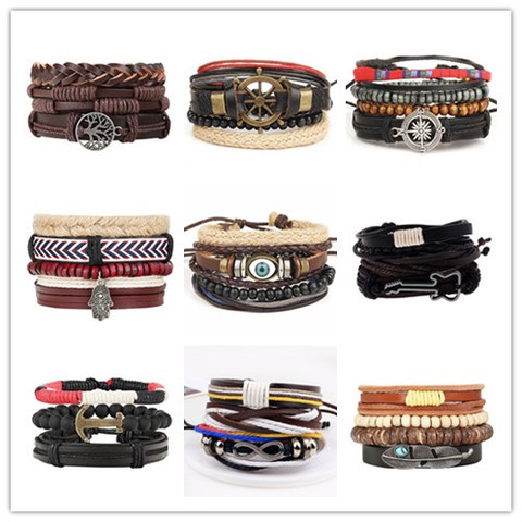 Pulsera de cuero multicapa Boho ojo pluma mano estrella Árbol de la vida amuletos de ala pulseras de perlas para hombres Vintage Punk Wrap pulsera ► Foto 1/6