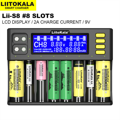 LiitoKala Lii-S8 LCD cargador de batería Li-Ion 3,7 V NiMH 1,2 V Li-FePO4 3,2 V IMR 3,8 V para 18650, 26650, 21700, 26700 AA AAA 9V 9V ► Foto 1/5