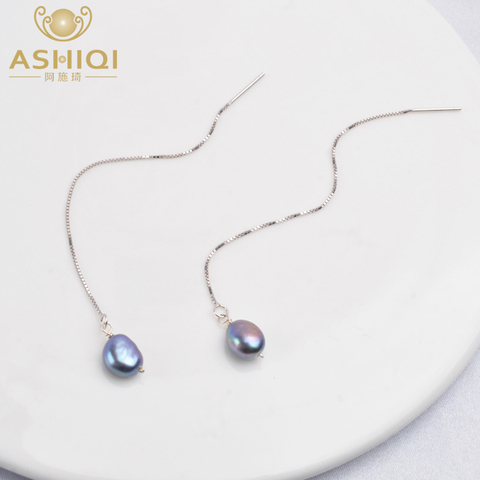 ASHIQI de Plata de Ley 925 con cadena larga de plata aretes para las mujeres de perlas naturales de agua dulce regalo de la joyería ► Foto 1/6