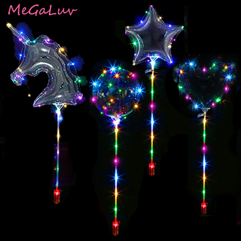 20 pulgadas unicornio/estrellas/corazón/forma redonda globos Bobo luminosos con palos fiesta de cumpleaños suministros claro luz LED Bobo globos ► Foto 1/6