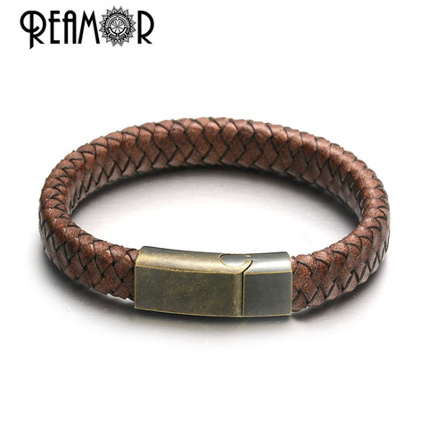 REAMOR-pulsera trenzada de cuero genuino para hombre, pulseras magnéticas con hebillas de acero inoxidable, regalos de joyería, 100% ► Foto 1/6