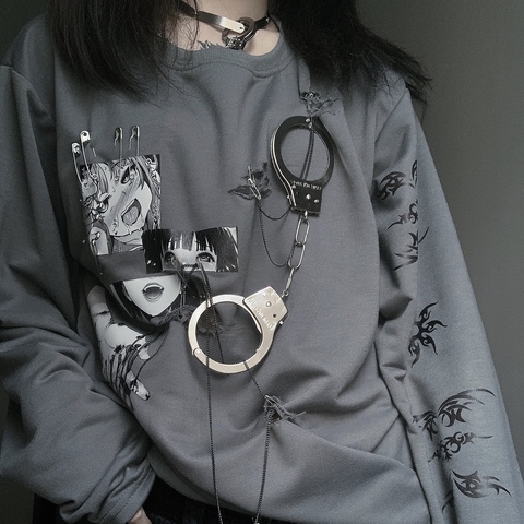 Jersey gótico de diseño Original, ropa para Parte Superior Femenina, de Metal, Punk, holgada, de longitud media, con estampado, fina, de manga larga, japonesa, de talla grande, gris ► Foto 1/6