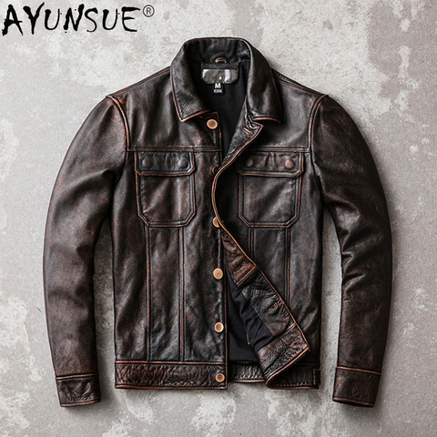 AYUNSUE chaqueta de los hombres de cuero de vaca Real Ropa 5XL hombres Ropa de la motocicleta abrigo rojo Retro marrón Denim Chaquetas estilo Ropa LXR391 ► Foto 1/6