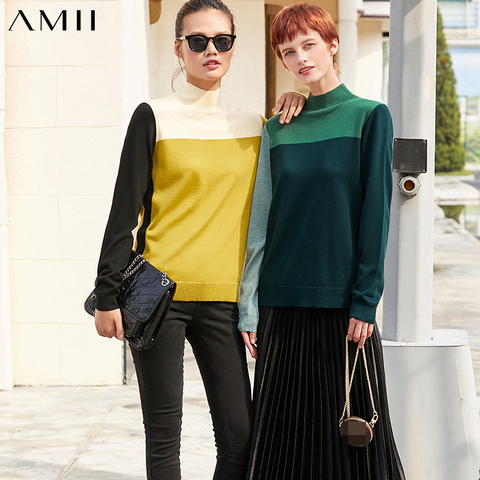 AMII-suéter minimalista para mujer, jersey con cuello alto y diseño de Color contrastante, Tops de otoño, 12040377 ► Foto 1/5
